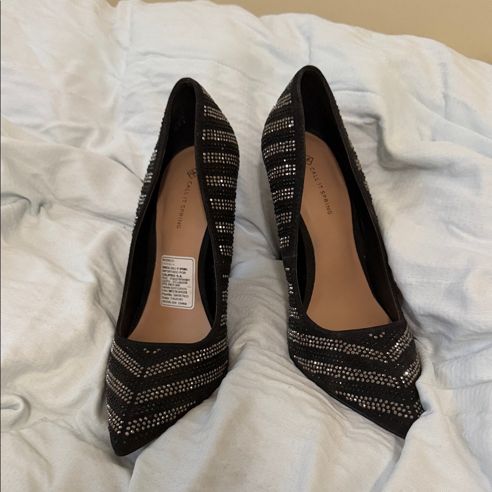 Call It Spring Black Pointed Toe Heels with Silver Stud Accents